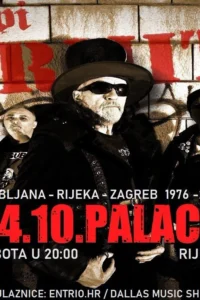 Five members of Kraljevi Termiti in black leather and sunglasses in front of a wall with the band's name in red graffiti, with the Palach concert announcement
