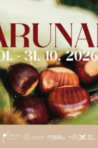 Plakat Marunade s krupnim plodovima maruna i bodljikavom kožicom kestena među zelenim listovima, s natpisom Marunada i datumom 01.-31.10.2026.