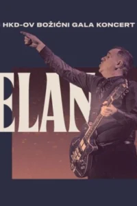 Neno Belan svira električnu gitaru i pokazuje rukom prema gore na tamnoplavoj pozadini, uz natpis HKD-ov božićni gala koncert i datum 12.12. 20h