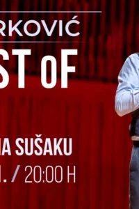 Poster for Saša Turković's Best of stand up show, with the comedian holding a microphone in front of a red curtain and the text Rijeka, HKD na Sušaku