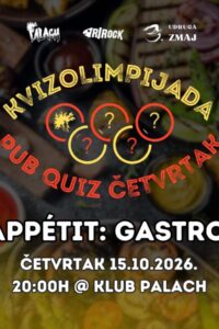 Plakat sedme Kvizolimpijade Bon appétit: Gastro kviz s fotografijom različitih jela, znakom Kvizolimpijade i terminom održavanja u Palachu.