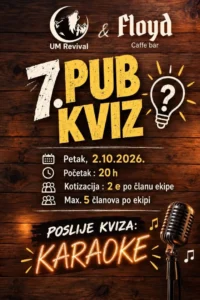 Plakat sedmog pub kviza u Floydu na pozadini drvenih dasaka, s ilustracijom žarulje s upitnikom, mikrofonom i najavom karaoka.