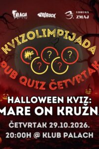 Plakat devete Kvizolimpijade A Nightmare on Kružna Street s ilustracijama osvijetljenih izrezbarenih bundeva, tamnog drveća, paučine i fenjera na crvenoj pozadini.