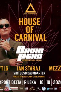 Alterna – House of Carnival poster featuring David Penn in a suit and sunglasses, geometric pink lines, and the performers' names against a dark background.