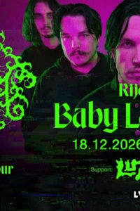 Green-and-purple poster with the members of the band Baby Lasagna and the text Rijeka, 18.12.2026 / Pogon, with support from Luzeri
