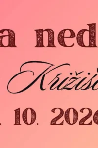 Plakat Bele nedilje na Križišću s programom, crtežima grožđa i bocom koja ulijeva vino u čašu na ružičastoj podlozi.