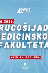 Plakat brucošijade Medicinskog fakulteta sa ženom i muškarcem u bijelim kutama, stetoskopima i nazivom događanja na pozadini bolničkog hodnika.