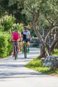 Dvoje biciklista s kacigama vozi asfaltiranom stazom uz masline, zelenilo i niski kameni zid.