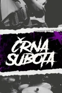 Black and purple Črna subota poster featuring a portrait of a long-haired man wearing round sunglasses, a silhouette of the Maiden with the Seagull statue and the names of six bands.