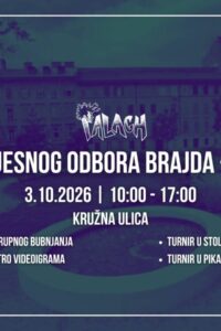 Plakat Dana Mjesnog odbora Brajda-Dolac s fotografijom gradskog prostora u ljubičastim i plavozelenim tonovima, logotipom Palacha i popisom radionice i turnira.