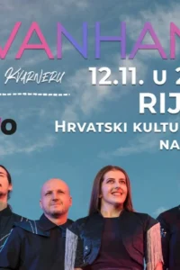 Divanhana concert poster featuring the six band members against a sky background with colorful graphic splashes and the title Sevdah na Kvarneru.