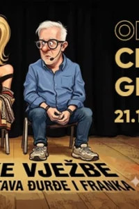 Plakat predstave Skliske vježbe s karikaturama plavokose žene i sijedog muškarca s naočalama koji sjede na stolicama na drvenoj pozornici.