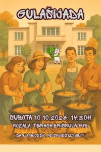 Retro-style illustrated poster: four smiling people stirring goulash with wooden spoons in black cauldrons over a fire, a pale two-story building and trees in autumn colors behind them, and a cartoon leafy green character hugging a white goat at the entrance; the title Gulašijada across the top.