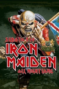Plakat večeri Iron Maiden: All Night Long s ilustracijom Eddieja u crvenoj vojnoj odori s britanskom zastavom, crvenim natpisom Iron Maiden i logotipom River Puba.