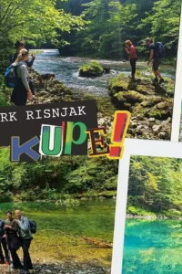 Photo collage of visitors beside the turquoise water at the source of the Kupa River and its wooded banks, with text naming Risnjak National Park and the Kupa spring.