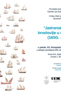 Pozivnica za izložbu Jadransko i jonsko brodovlje s ilustracijama povijesnih jedrenjaka i podacima o otvorenju u Galeriji Decumanus.