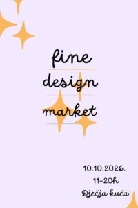 Fine Design Market poster with black handwritten lettering and yellow-orange star shapes on a pale purple background, showing the date, opening hours and Children's House venue name.