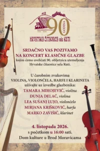 Plakat koncerta za 90 godina Hrvatske čitaonice sela Kuti s prikazima gudačkih instrumenata, harfe i klarineta na bež podlozi s notama.
