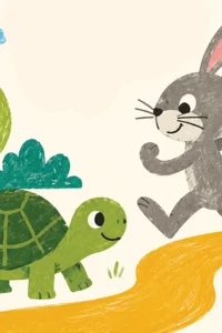 Ilustracija u tehnici pastela: zelena kornjača hoda žutom stazom, a iza nje trči nasmiješeni sivi zec, među stablima, grmovima, cvijećem i plavim oblakom