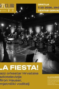 Plakat koncerta La Fiesta! sa zlatnožutom podlogom i crno-bijelom fotografijom Jazz orkestra HRT-a s umjetničkim voditeljem pred glazbenicima.