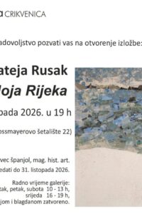 Pozivnica za izložbu Moja Rijeka Mateje Rusak s reprodukcijom rada u plavim, zelenkastim i sivim tonovima te podacima o otvorenju i radnom vremenu galerije.