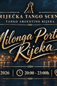 Plakat Milonga Porteña Rijeka s prikazom plesnog para u zagrljaju, osvijetljene obale u sumrak te datumom i satnicom događanja.