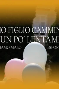Poster for Moj sin samo malo sporije hoda featuring white and pink balloons in front of greenery and a house, with yellow gradients around the edges.