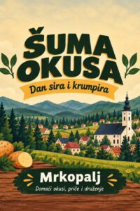 Ilustrirani plakat Šume okusa s kolutom sira i krumpirima, naseljem s crkvom među šumovitim brdima te putokazom za interpretacijsku šetnju Mrkopljem.