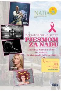 Poster for the Singing for Nada benefit concert, featuring photographs of the performers, a pink ribbon, and the Nada Association’s 30th anniversary logo.