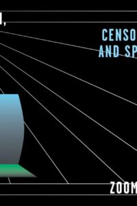 Crni plakat razgovora o cenzuri, institucijama i prostorima otpora s bijelim linijama i plavo-zelenim geometrijskim oblikom.