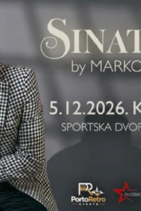 Marko Tolja u crno-bijelom sakou s pepita uzorkom na plakatu koncerta Sinatrovo u Kraljevici.