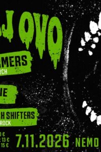 A black-and-white image of an open mouth beside green band names on the Slušaj ovo concert poster for Nemo Klub.