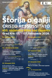 Plakat programa Štorija o galiji Cristo Ressussitato s rasporedom događanja preko reprodukcije religiozne slike.