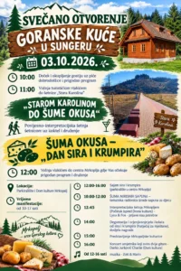 Plakat Dana sira i krumpira i otvorenja Goranske kuće u Sungeru s prikazima drvene kuće, šetnice Stara Karolina, sireva i krumpira te rasporedom programa.