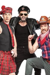 Poster for “Sve o muškarcima” featuring three actors in different costumes, including a kilt and a cowboy hat.