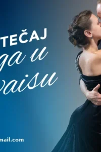 Plesni par u zagrljaju argentinskog tanga, oboje u crnom, na tamnoplavoj pozadini, s natpisom Tečaj Tanga u Gervaisu