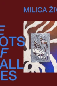 Tamnocrvena podloga s plavim natpisom Milica Živković u gornjem desnom kutu i velikim naslovom The Roots of Small Fires s lijeve strane; u sredini slika s bijelim oblicima nalik granama ili korijenju na crvenkastosmeđoj i plavoj pozadini, preko koje je postavljena srebrna reljefna metalna ploča