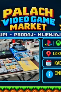 Poster for Video Game Market at Palach featuring a photograph of a table filled with consoles, controllers, and video games, with pixel-art illustrations against a dark blue background.