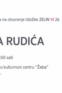 Pozivnica za izložbu Zelin M 26 Ratka Rudića uz reprodukciju apstraktne slike s raznobojnim trakama i geometrijskim plohama.