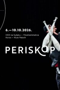 Black Periskop festival visual featuring a performer in a suit and red tie juggling white clubs.