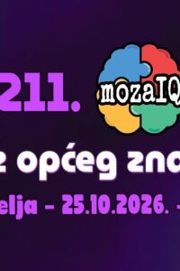 Plakat 211. MozaIQ kviza s ilustracijom mozga u četiri boje i ljubičastim natpisima na tamnoj podlozi.