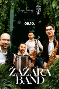Poster for Žazara Band at Kosi Toranj featuring four musicians with an accordion, guitar, and saxophone, surrounded by green foliage.