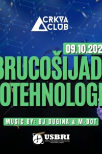 Biotechnology Freshman Party poster featuring two people in lab coats and safety glasses, with green lettering on a blue background.