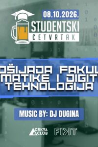 FIDIT freshman party poster featuring a young woman holding a laptop and a young man wearing headphones, with blue lettering and binary digits in the background.