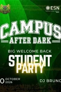 Green poster featuring the words “Campus After Dark” and “Big Welcome Back Student Party,” DJ Bruno’s name, and the RiverPub and ESN Rijeka logos.