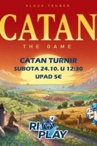 Plakat Catan turnira u RiPlayu s ilustracijom polja, ovaca i naselja, logotipom RiPlay i plavom maskotom.