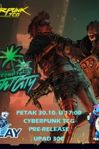 Plakat Cyberpunk TCG prereleasea s ilustracijom kibernetičkih likova, natpisom Welcome to Night City i logotipom RiPlaya.