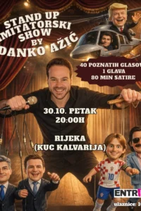 Plakat nastupa Danka Ažića s mikrofonom i koncima za lutke, okruženog karikaturama poznatih osoba ispred kazališnih zastora.