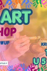 Colorful Eco Art Workshop poster with handprints, a photograph of a pine cone being painted, and the date October 10, 2026, at 5 PM.
