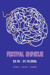 Empathy Festival poster with a brain formed from tangled white and yellow lines on a blue background, the dates 23.–31.10.2026., and Rijeka, Osijek, and Zagreb.